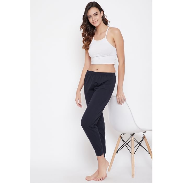 

Clovia Chic Basic Cuffed Pyjama in Navy - Cotton Rich - LB0178D08