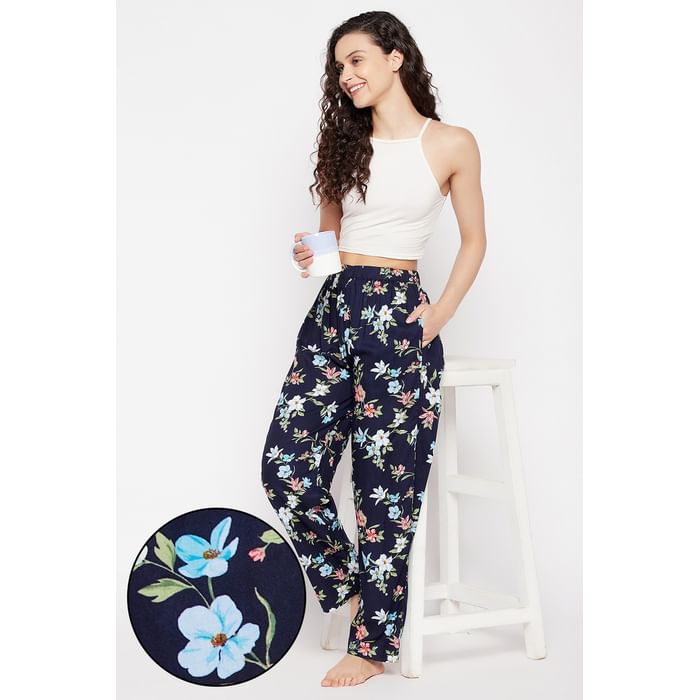 

Clovia Pretty Florals Pyjama in Navy - Rayon - LB0179F08