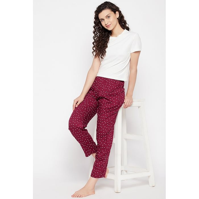 

Clovia Polka Print Pyjama in Maroon - Rayon - LB0179P09