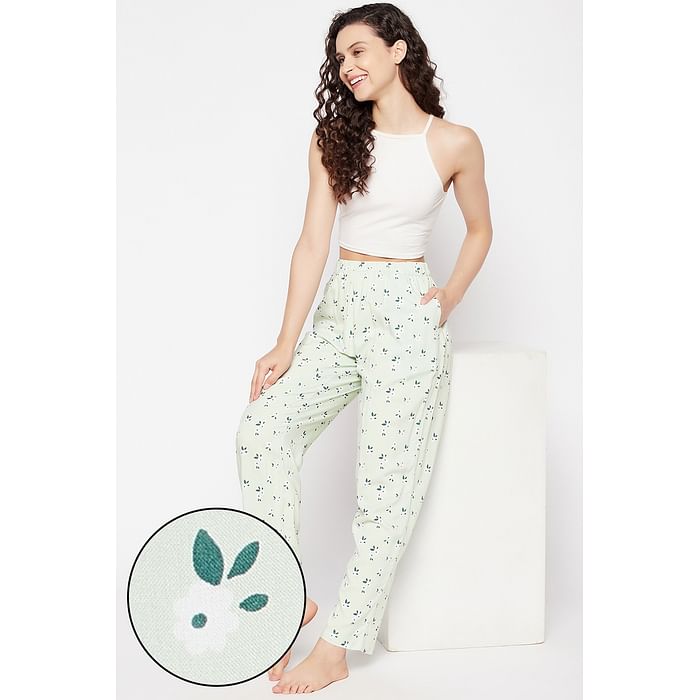 

Clovia Pretty Florals Pyjama in Mint Green - Rayon - LB0179P11, Light green