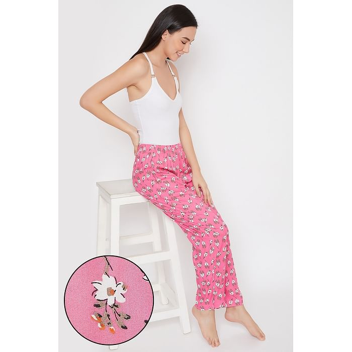 

Clovia Pretty Florals Pyjama in Pink - Rayon - LB0179P14