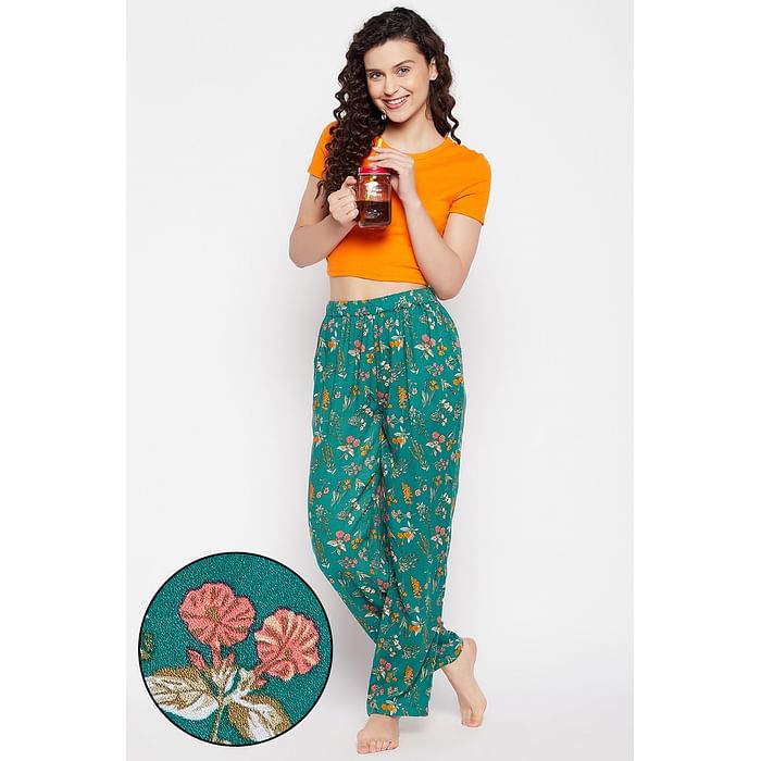 

Clovia Pretty Florals Pyjama in Teal Green - Rayon - LB0179P36