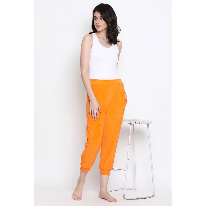 

Clovia Chic Basic Pyjama in Orange- Velour - LB0181P16