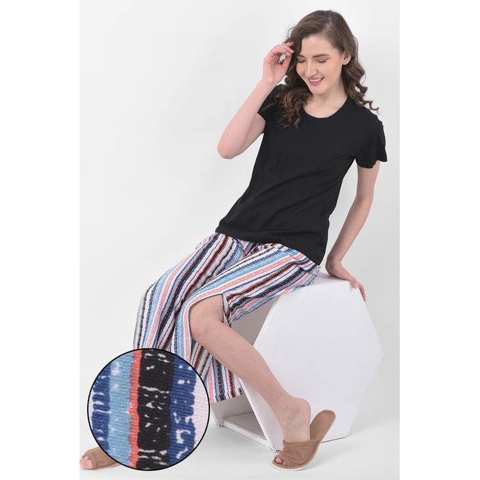 

Clovia Sassy Stripes Pyjama with Side Slits in Multicolour- Crepe - LB0183P19