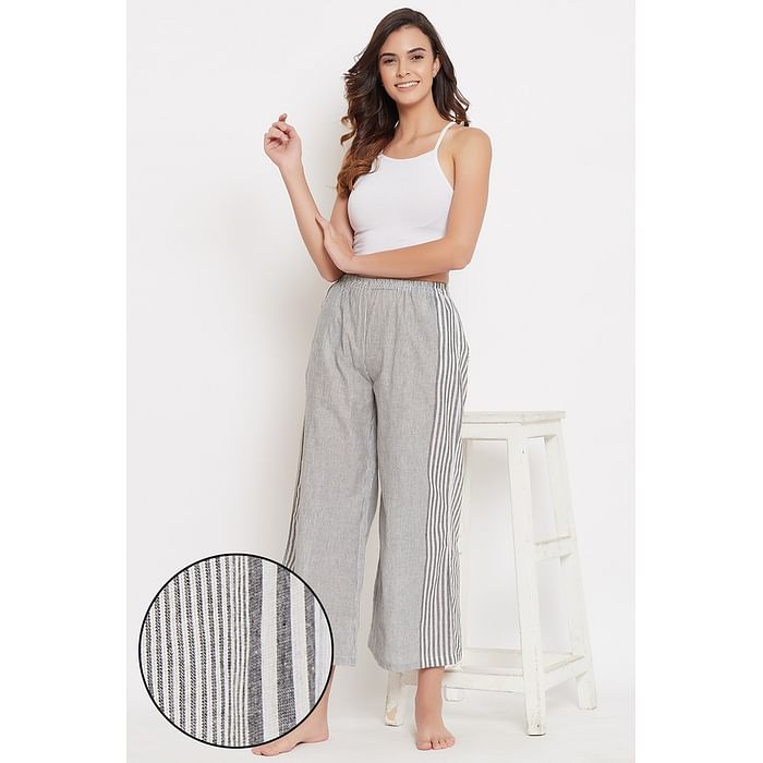 

Clovia Sassy Stripes Flared Pyjama in Grey - 100% Cotton - LB0191P01, Light grey