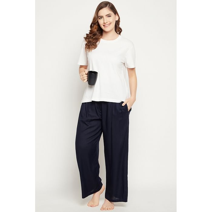 

Clovia Chic Basic Wide Leg Pyjama in Navy - Rayon - LB0192P08