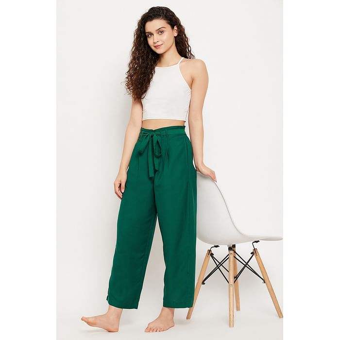 

Clovia Chic Basic Wide Leg Pants in Forest Green - Rayon - LB0192P17, Dark green