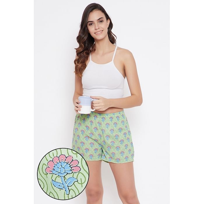 

Clovia Pretty Florals Boxer Shorts in Sage Green - 100% Cotton - LB0194F11, Light green