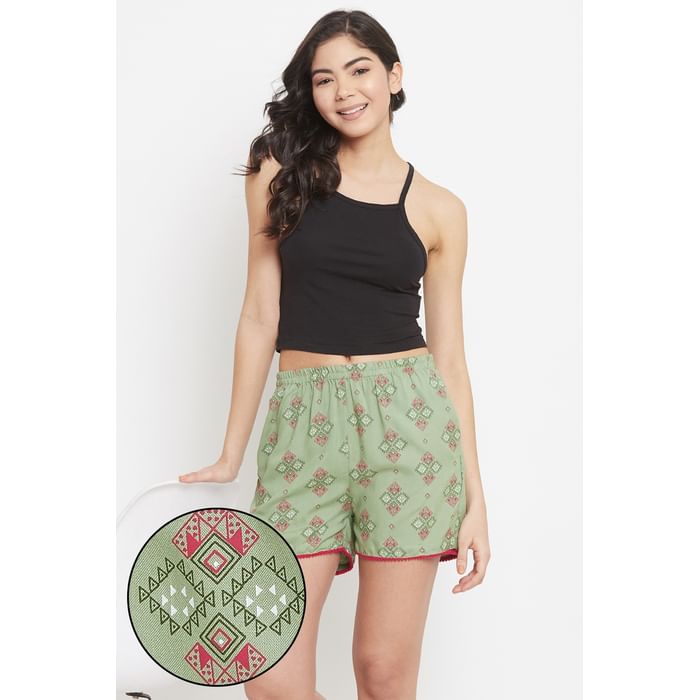 

Clovia Geometric Print Boxer Shorts in Sage Green - Rayon - LB0194P11, Light green