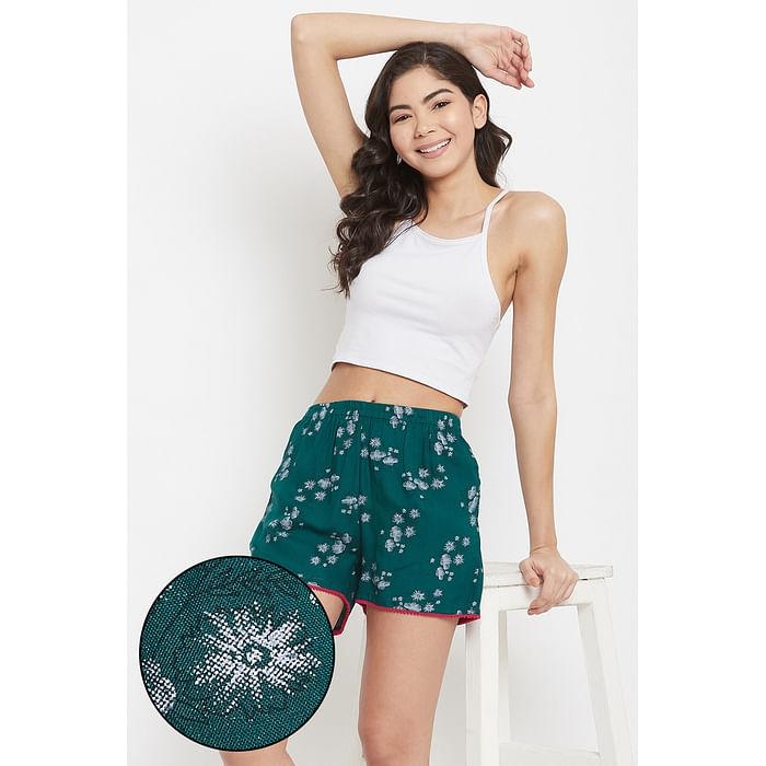 

Clovia Pretty Florals Boxer Shorts in Teal - Rayon - LB0194P17, Dark green