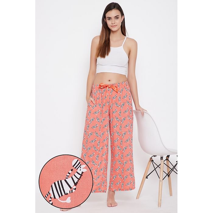 

Clovia Zebra Print Flared Pyjama in Peach - Rayon - LB0198P16, Orange