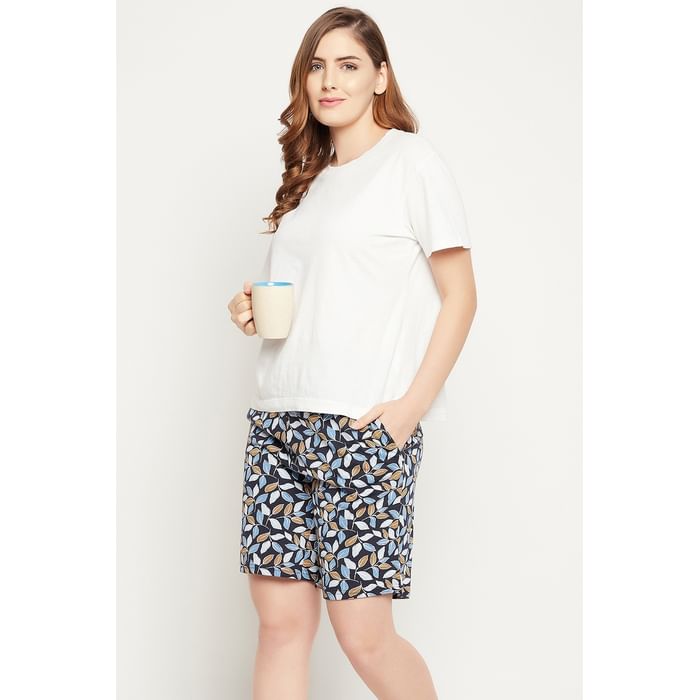 

Clovia Leaf Print Boxer Shorts in Navy - 100% Cotton - LB0204D08