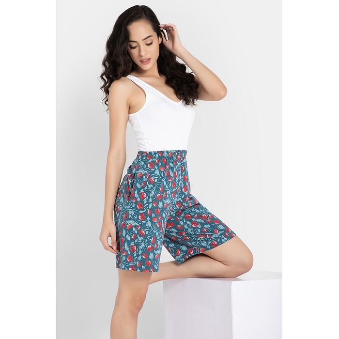 

Clovia Pretty Florals Boxer Shorts in Teal Blue - 100% Cotton - LB0204F08, Navy