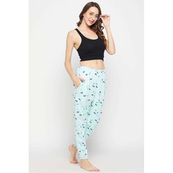 

Clovia Unicorn Print Joggers in Baby Blue - 100% Cotton - LB0209P03, Light blue