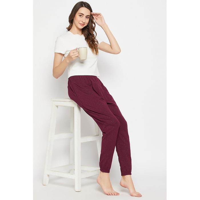 

Clovia Splatter Print Joggers in Maroon - 100% Cotton - LB0209P09
