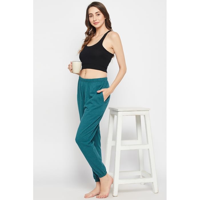 

Clovia Splatter Print Joggers in Teal Green - 100% Cotton - LB0209P36