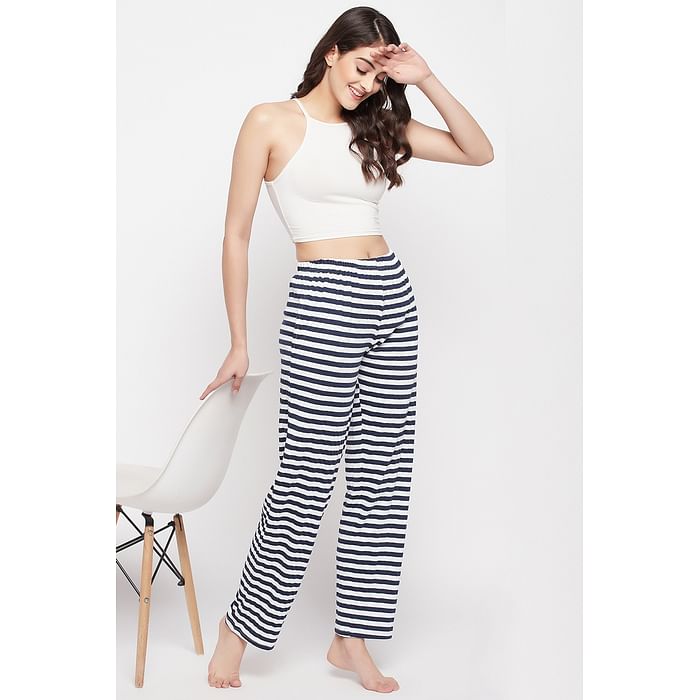 

Clovia Sassy Stripes Pyjama in Navy - 100% Cotton - LB5200P08