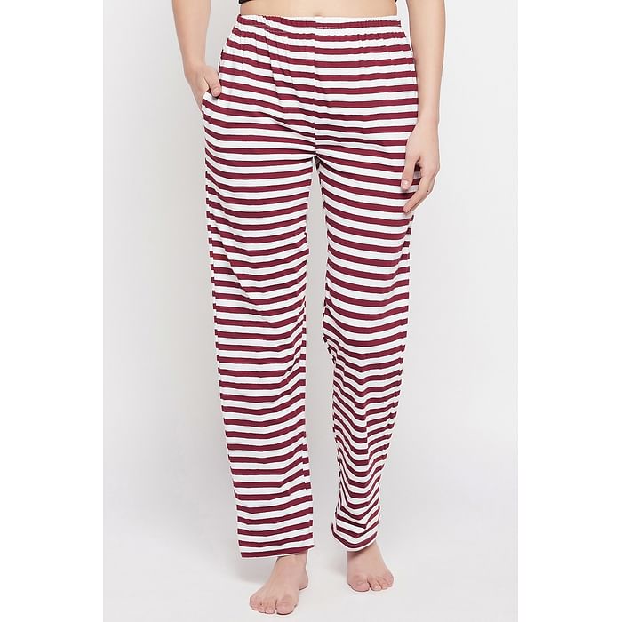 

Clovia Sassy Stripes Pyjama in Maroon - 100% Cotton - LB5200P09