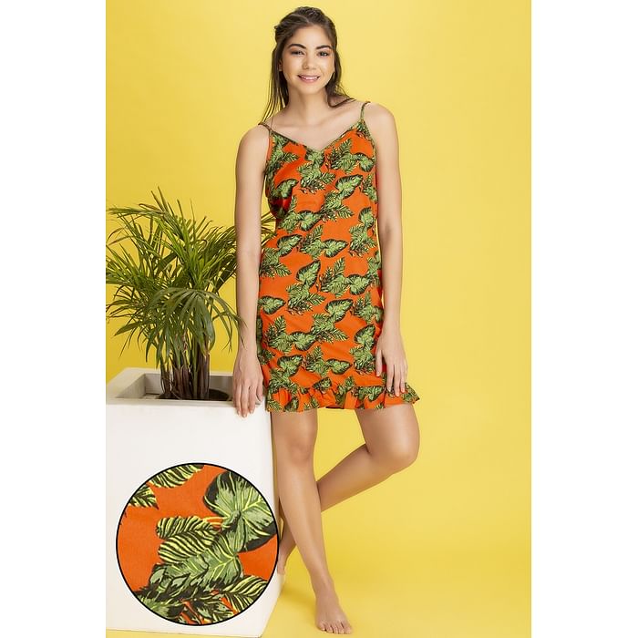 

Clovia Leaf Print Babydoll in Orange- Crepe - NS1346P16
