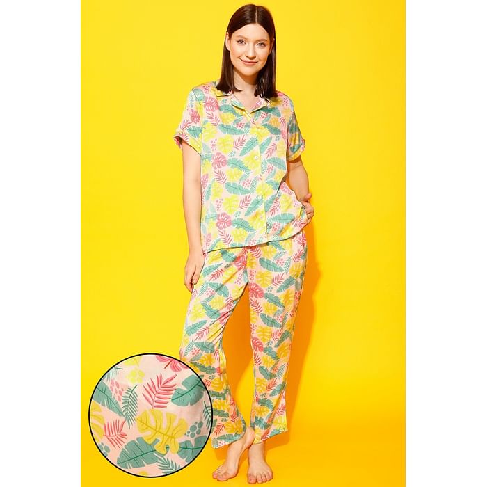 

Clovia Leaf Print Button Down Shirt & Pyjama Set in Multicolour - Satin - LS0385J19