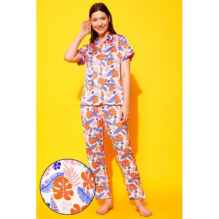 

Clovia Leaf Print Button Down Shirt & Pyjama Set in Multicolour - Satin - LS0385K19