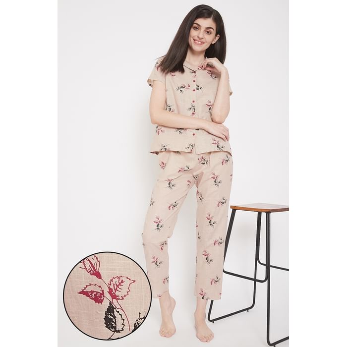 

Clovia Leaf Print Button Down Shirt & Pyjama Set in Beige - 100% Cotton - LS0385E24, Nude-colour