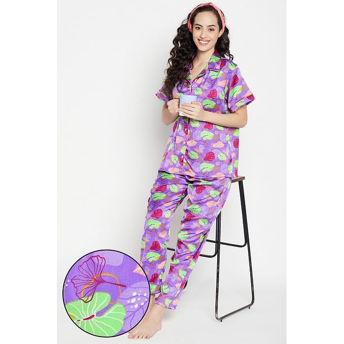 

Clovia Leaf Print Button Down Shirt & Pyjama Set in Lavender - Satin - LS0385D12