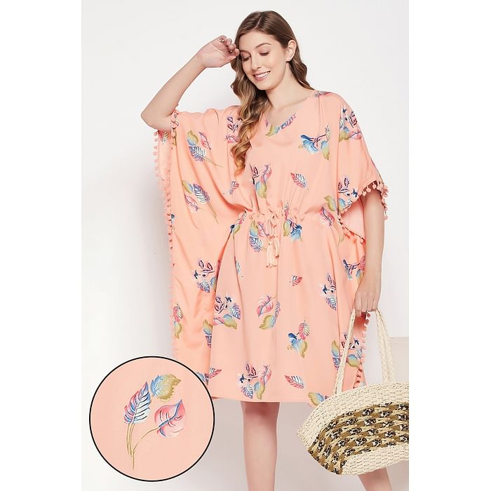 

Clovia Leaf Print Short Kaftan in Peach Colour - Crepe - RW0034D34