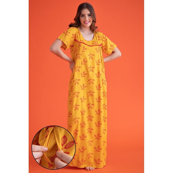 

Clovia Leaf Print Long Night Dress in Light Yellow - Rayon - NS1111P02