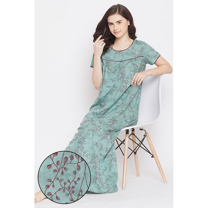 

Clovia Leaf Print Long Night Dress in Light Blue -Rayon - NS1211A03