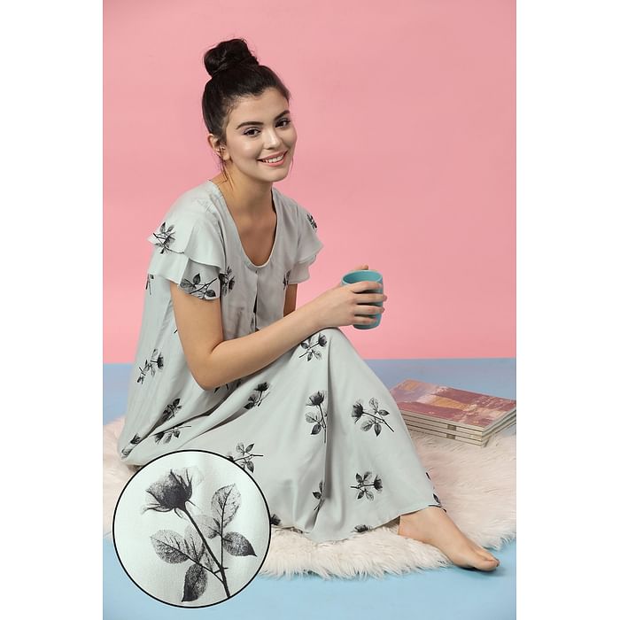 

Clovia Leaf Print Long Nighty in Light Grey - Rayon - NS1096P01