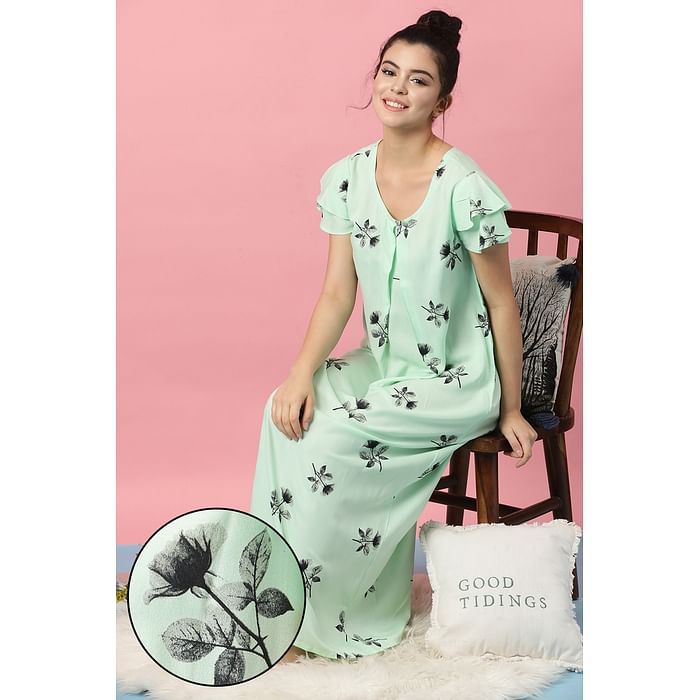 Clovia - Clovia Leaf Print Long Nighty in Light Green – Rayon – NS1096P11