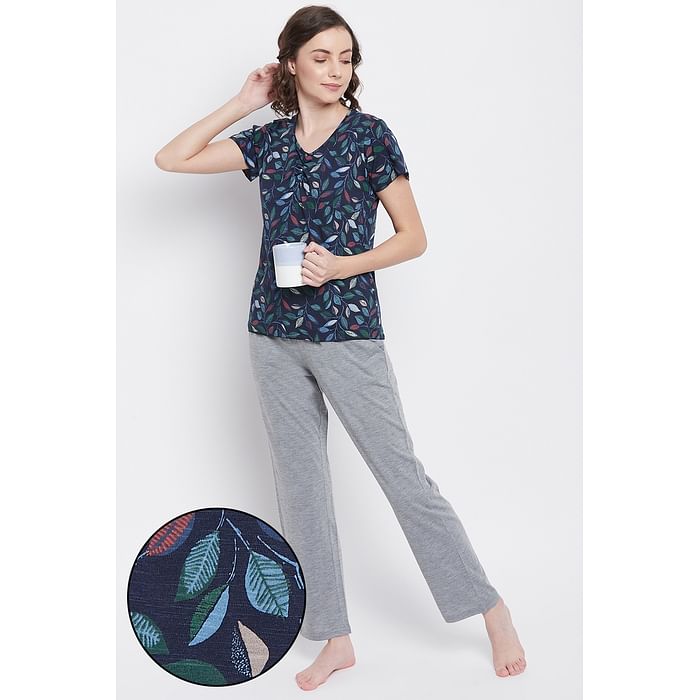 

Clovia Leaf Print Top & Solid Pyjama Set in Navy - 100% Cotton - LS0312A08