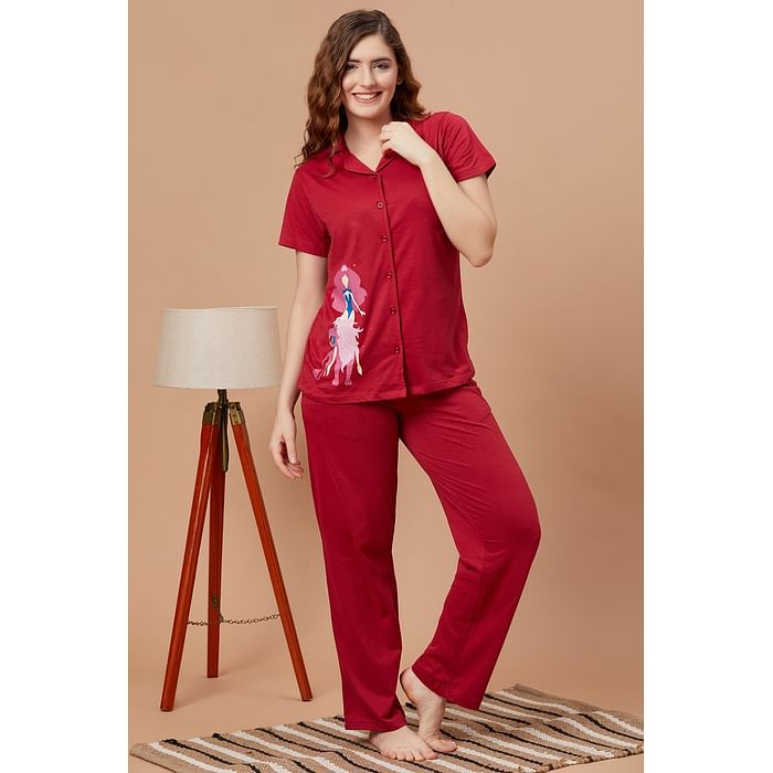 

Clovia Leo Print Button Down Shirt & Pyjama Set in Maroon - 100% Cotton - LS0025G09