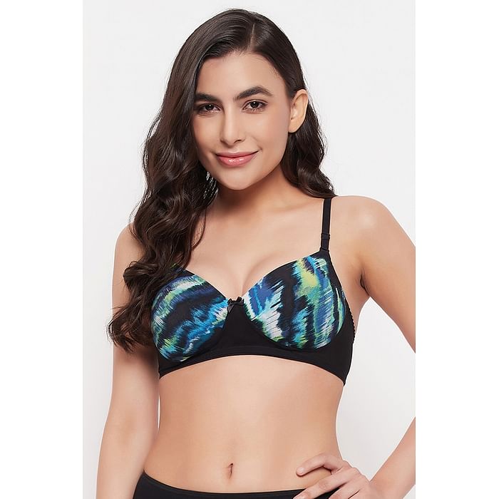 

Clovia Level 1 Push-Up Padded Non-Wired Demi Cup Printed Multiway T-shirt Bra in Black - BR2023F13