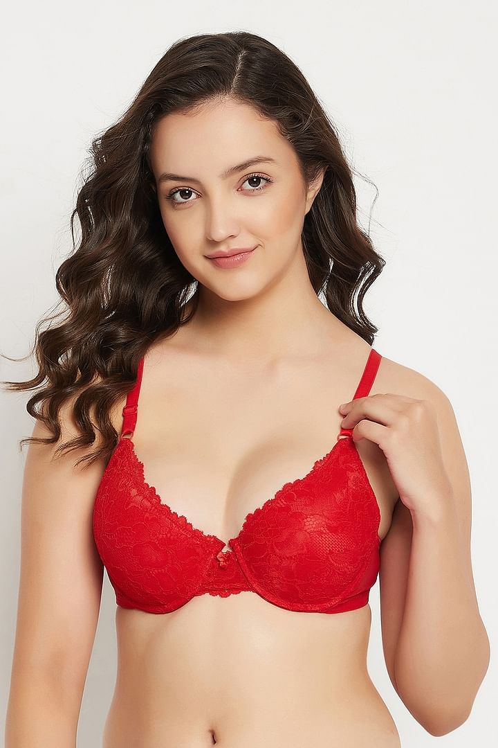 Buy Level 1 Push Up Padded Underwired Demi Cup Bra in Red - Lace