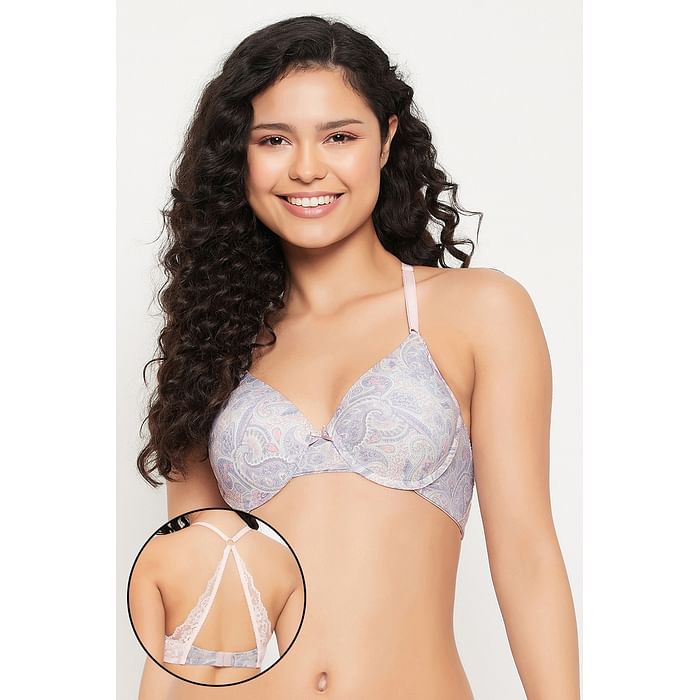 

Clovia Level 1 Push-Up Padded Underwired Demi Cup Paisley Print Racerback Bra in White - BR1631S18