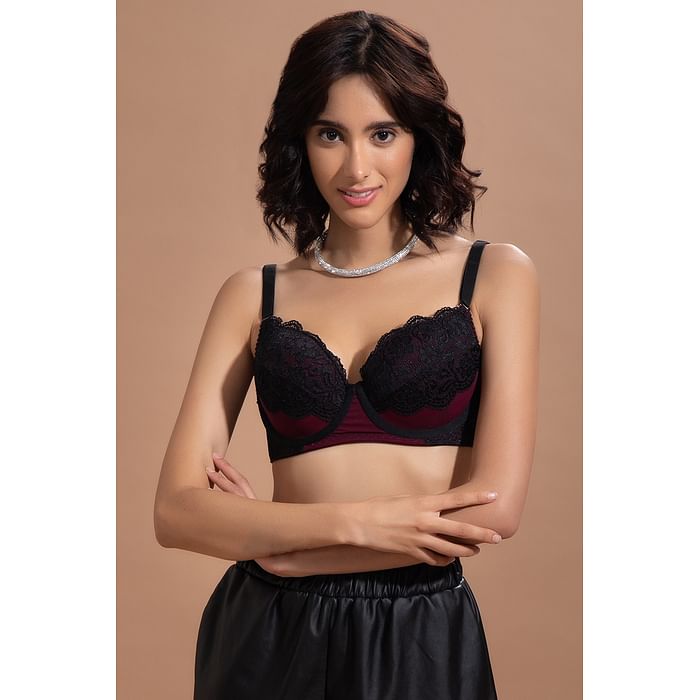 

Clovia Level 3 Push-Up Underwired Demi Cup Bra in Wine Colour - Lace - BR2144P09, Maroon