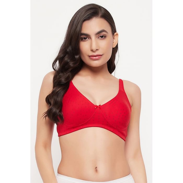 

Clovia Lightly Padded Non-Wired Full Cup Printed T-shirt Bra in Red - Cotton Rich - BR2371A04