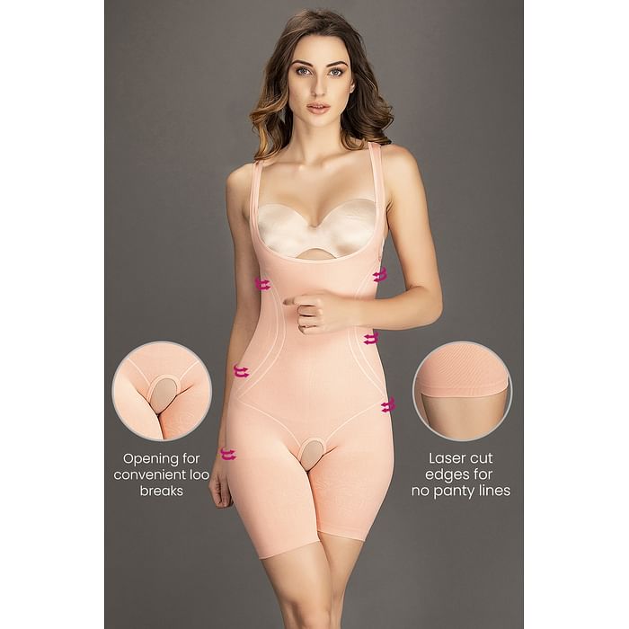 

Clovia Laser-Cut No-Panty Lines High Compression Body Suit in Peach In Orange - SW0002F16