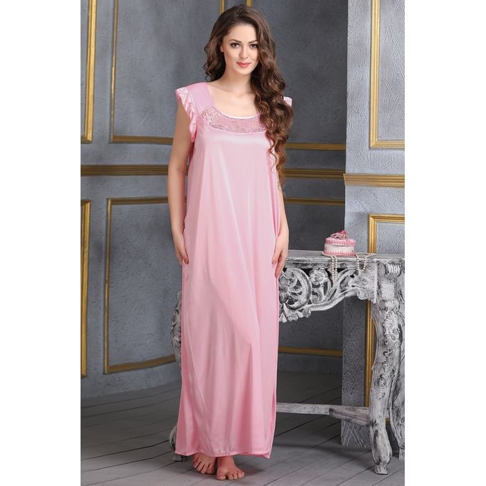 

Clovia Long Satin Night Dress in Baby Pink - NSM282P62