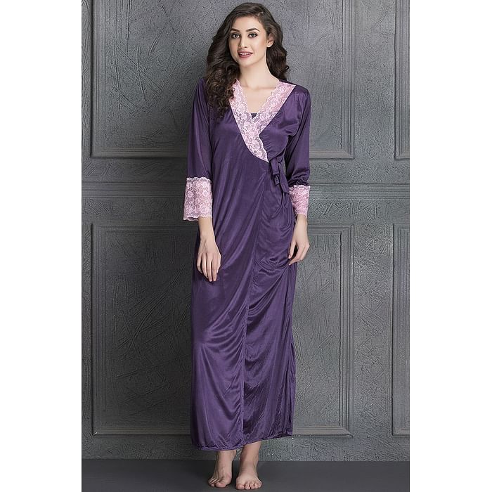 

Clovia Long Satin Robe with Lace - NS0564B15, Purple