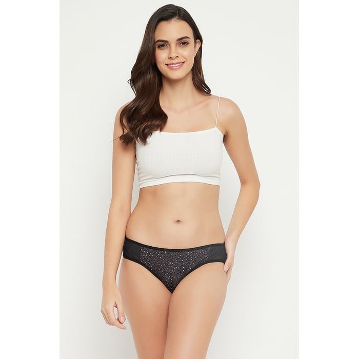 

Clovia Low Waist Animal Print Bikini Panty in Dark Grey with Powernet Panels - PN1649A05