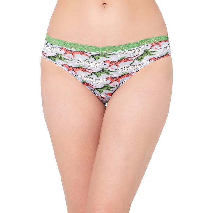 

Clovia Low Waist Tiger Print Bikini Panty in Multicolour with Lace Waist - Cotton - PN3512P19