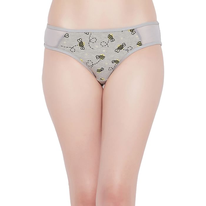 

Clovia Low Waist Bee Print Bikini Panty in Grey Melange with Powernet Panels - Cotton - PN1649C01, Light grey