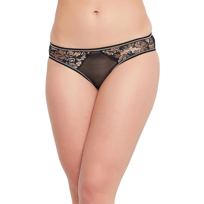 

Clovia Low Waist Bikini Panty in Black with Lace Overlay - PN2772A13