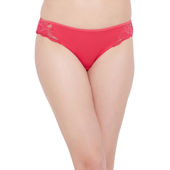 

Clovia Low Waist Bikini Panty in Hot Pink with Lace Panels - Cotton - PN0464A14
