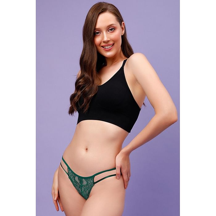 

Clovia Low Waist Bikini Panty in Forest Green with Cage Detailing - PN2516P17, Dark green