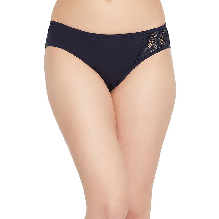 

Clovia Low Waist Bikini Panty in Navy with Lace Panel - Cotton - PN1380A08