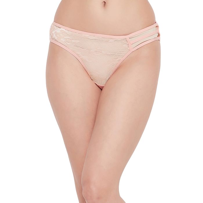 

Clovia Low Waist Bikini Panty in Peach Colour with Cage Detailing - Lace - PN0277A34